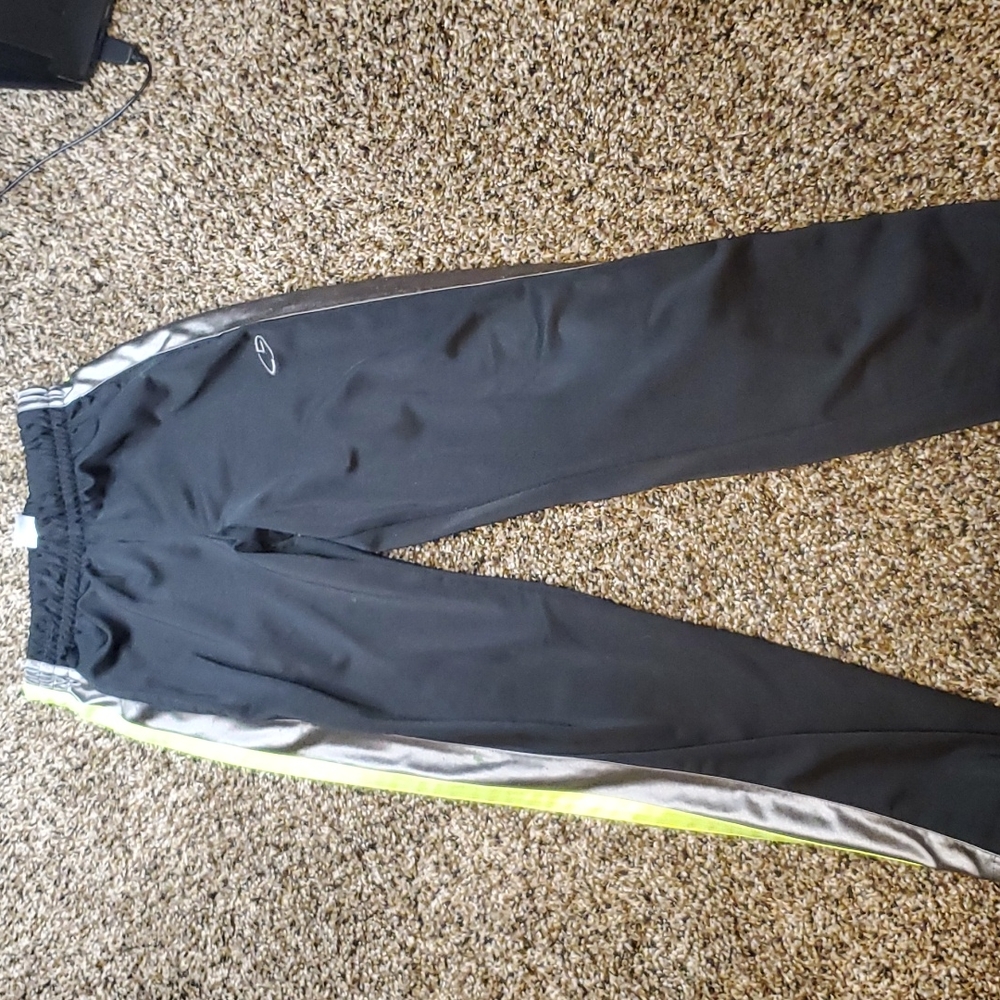 Champion athletic boys pants, well loved, black with green and gray stripes